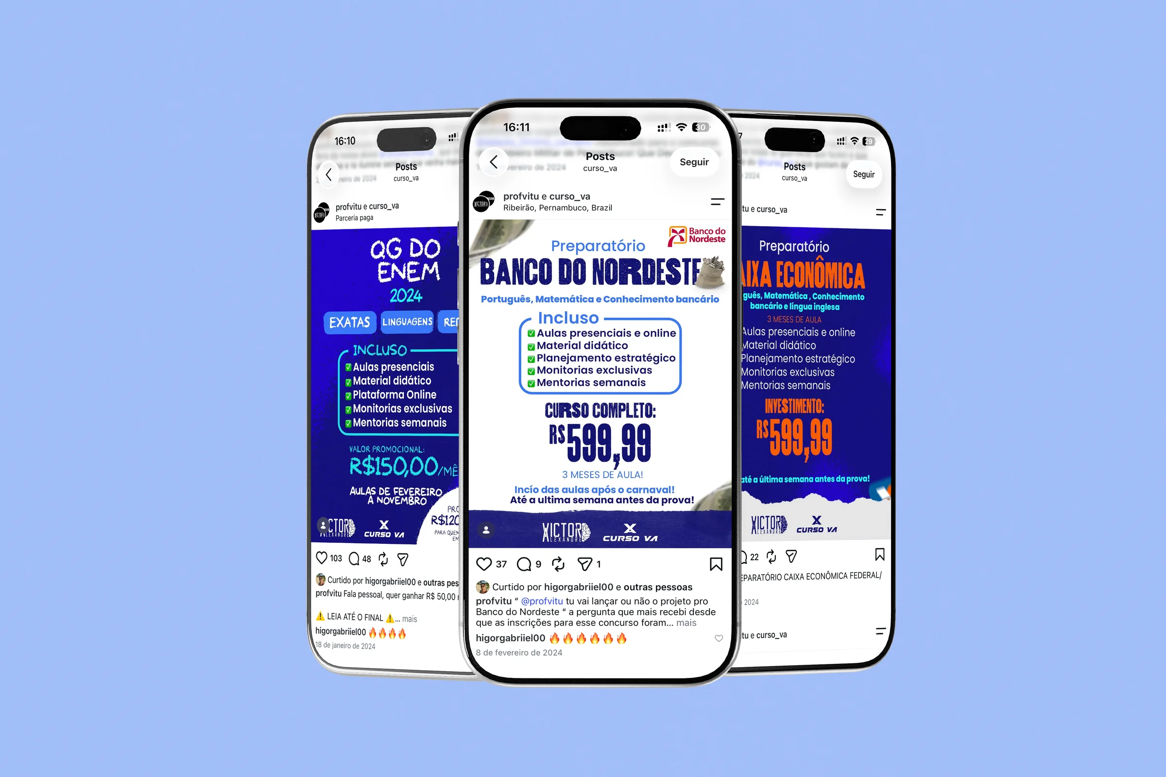 Posts do Instagram do Curso VA exibidos em mockups de celular